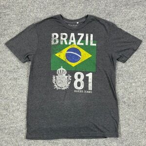 Guess Jeans Brazil 81 Graphic T Shirt 2XL Gray Distressed Flag Logo Casual Tee